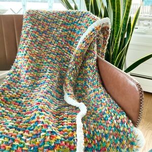 Hand Crocheted Lap/Wheel Chair Blanket Multi-Color W/white Trim 36” X 68”